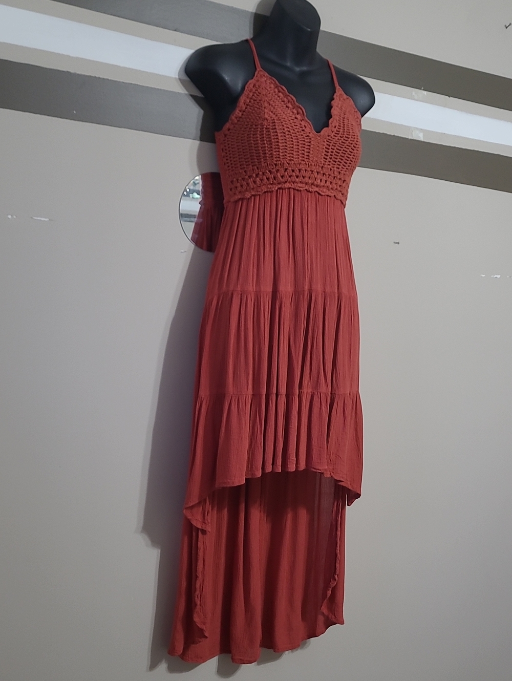 Streetwear Society Rust Crochet-Bodice High-Low Rayon,/Cotton Maxi Dress Sz SM - Picture 5 of 14